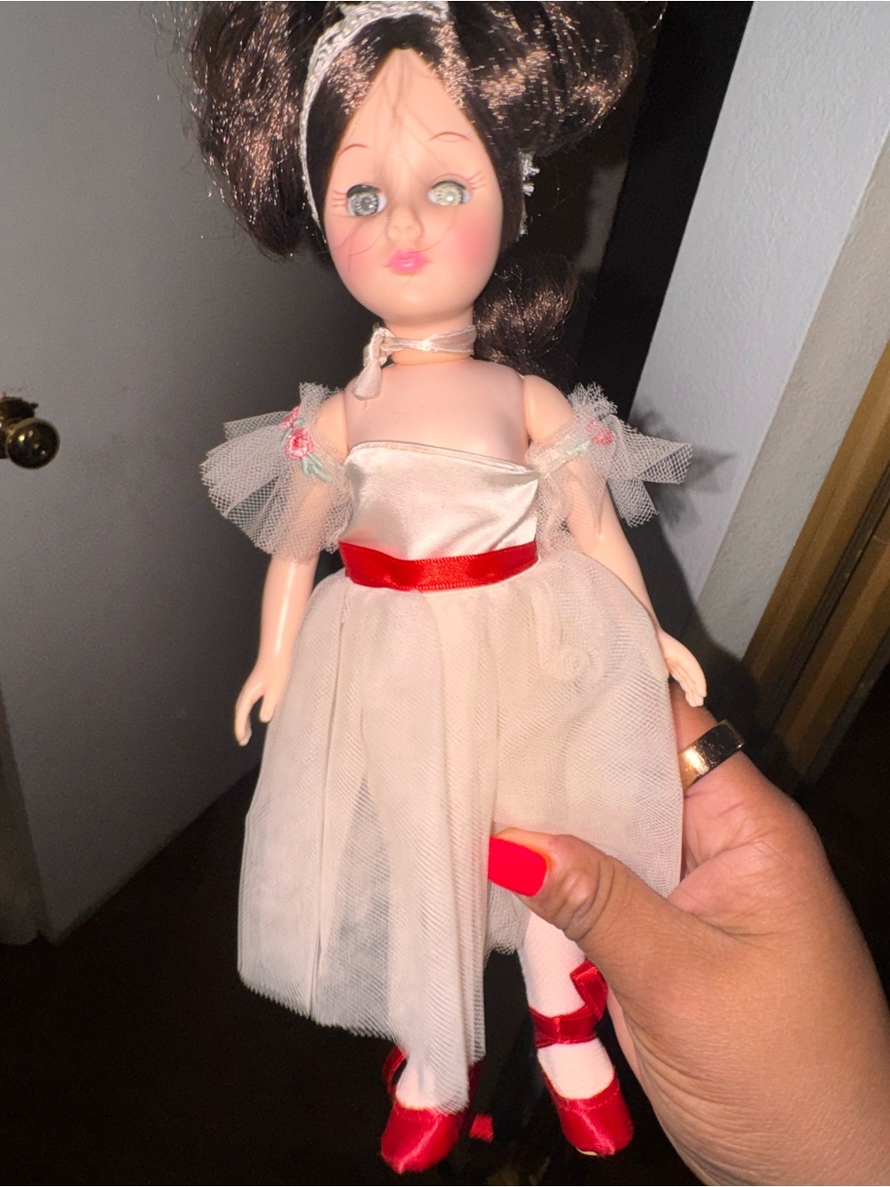 White Tulle Ballet Doll with Red Accents